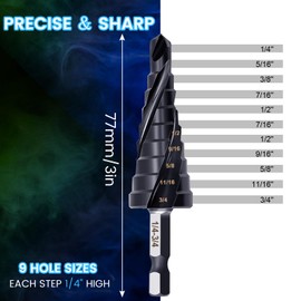 Hakkin M35 Cobalt Unibit Step Drill Bit for Metal 1/4”-3/4”, Titanium-Coated HSS Step Drill Three Spiral Flute Step Drill Bit Set and Automatic Center Punch, 1/4" Hex Shank for Wood Aluminum Plastic