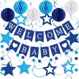 WinnerWhy 25 Pcs Baby Shower Blue Decorations, Welcome Baby Banner with Glitter Stars, Hanging Swirls, Honeycomb Balls, Circle Dots Garland for Gender Neutral Reveal Party Decor