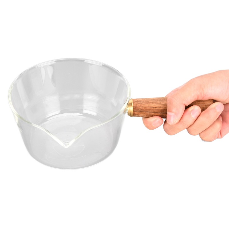 Glass Milk Pot with Wooden Handle V Shaped Spout Noodles