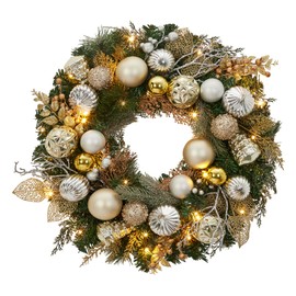 Garveehome 24 In Christmas Wreath With Lights for Front Door, Pre-Lit Christmas Wreath, Battery Operated, Lighted Xmas Door Wreath with Ball Ornaments for Christmas Door Fireplace Decor, Gold & Silver