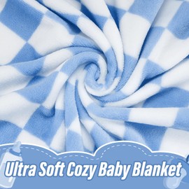 Plush Checkered Baby Blanket for Boys Girls Nursery, 30"*40" Warm Short Fleece Blanket Neutral for Infant Newborn, Small Fuzzy Blanket for Sleeping, Chenille Baby Blanket or Stroller (Blue&White)
