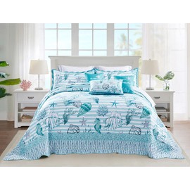 HZ & HY Coastal Oversized King Bedspread 138x122 Extra Wide, Lightweight Beach Bedding Nautical Quilt, Real Stitching, Reversible, 6 Pieces, 100% Microfiber, California/Alaskan King, Shell
