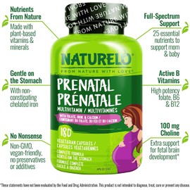 NATURELO Prenatal Multivitamin with Choline & Folate, 180 Capsules | Multivitamin with iron, plant calcium, vegan, vegetarian, Non-GMO, gluten free, 2 month supply