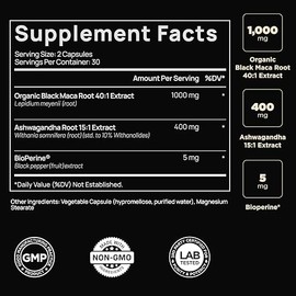 40x Strength Organic Black Maca Root w. Ashwagandha - #1 Highest Potency Black Maca Root Capsules for Men Supplement 40:1 Extract - 100% Pure Maca Per