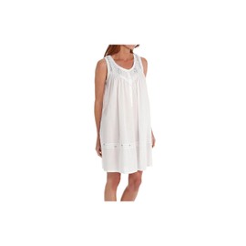 LA CERA Women's Sleeveless Cotton Embroidered Chemise, Button Front, Round Neck, Above-Knee Length, Machine Wash White