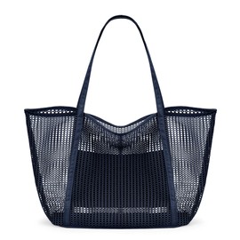 KALIDI FANCY FOREST Foldable Mesh Beach Bag with Zip, 27L Large Mesh Tote Bags for Women Ladies Summer Beach Tote Bag for Holiday Travel,Dark Blue