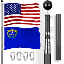 G128 Combo Pack: 25 Ft Telescoping Aluminum Flagpole (Black) & American and Nevada Flags 3x5 Ft, Both ToughWeave Series Embroidered Polyester | Pole with Flags Included