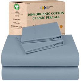 California Design Den Soft 100% Organic Sheets Full Size Bed Set with Deep Pockets - Crisp Percale Sheets, Breathable and Durable Bedding Set - Blue Hydrangea