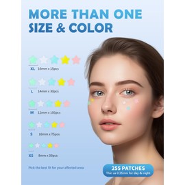 Parches para acne, 255 piezas, 5 colores y 5 tamaños (8, 10, 12, 14, 16 mm), Hidrocoloides pimple patches que se adaptan con precisión a diferentes tamaños de acné, Pegatinas con árbol de té, ácido salicílico y centella