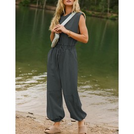 Flygo Womens Casual Jumpsuit Crewneck Cap Sleeve Long Wide Leg Pants One Piece Outfits Drawstring Romper with Pockets(DarkGrey-XL)