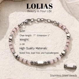 LOLIAS Silver Bracelet for Women Pink Crystal Bracelet Stainless Steel Beaded Bracelets Anxiety Bracelets Womens Friendship Bracelet Birthday Gifts Jewellery 4MM