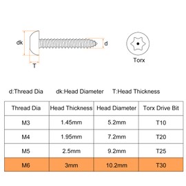 QUARKZMAN M6 x 30 mm Rounded Head Torx Security Screws, Pack of 10 304 Stainless Steel Anti-Theft Self-Drilling Screws, Anti-Theft Wood Screws with T30 Bit (Silver)