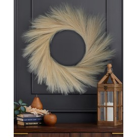 26" Artificial Pampas Grass Wreath for Front Door, Porch, Window, Fluffines Without Shedding for Home Decor