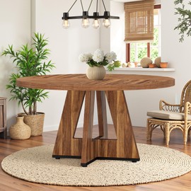 HIGREENA Round Dining Table for 4, 47" Wooden Kitchen Dinner Table Rustic, Farmhouse Table for Dining Room, Living Room, Brown