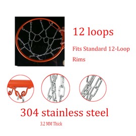 Basketball Net Heavy Duty 304 Stainless Steel Chain Net - Rust Proof Outdoor Metal Replacement Net for 18" Hoops, 45cm Drop Length, 12 Loops (Fits Standard 48cm Rims, Chain Only)​