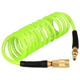 YOTOO Reinforced Polyurethane Recoil Air Hose 1/4" Inner Diameter by 10' Long, Heavy Duty, Flexible Air Compressor Hose with Bend Restrictor, 1/4" Swivel Industrial Quick Coupler and Plug, Green