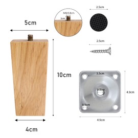 INMOZATA Furniture Feet, Wood, Pack of 4, 10 cm Table Legs, Square Furniture Legs Made of Oak with Mounting Plates, Screws and Foot Pads for Cabinet, Sofa, Coffee Table, Natural Colour