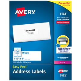 Avery Mailing Address Labels, Laser Printers, 1,400 Labels, 1-1/3 x 4, Permanent Adhesive (5162)