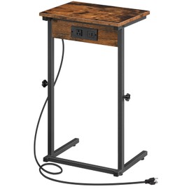 HOOBRO C-Shaped End Table with Charging Station, Adjustable Height Couch Table for Sofa Arm, Slide Under Small Tray Side Table for Small Space in Living Room, Bedroom, Rustic Brown BF71USF01