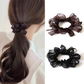 Yokosen Hair Tie, Ribbon, Scrunchie, Black, Brown, Rubber Bands, Set of 2, Stylish, Women's, Thick, Non-Trace Hair Elastic, Stretchable, Hair Accessory, Hair Arrangement, Elegant, Simple, Korean Style