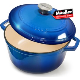 Mueller 6qt Enameled Cast Iron Dutch Oven, Heavy-Duty Casserole and Braiser Pan with Lid and Knob, Oven-Safe up to 500° F & Across All Cooktops, Aqua Blue