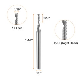 sourcing map Spiral Router Bit 1/16" Cut Dia 1/8" Shank Up Cut Solid Carbide 1 Flute CNC End Mill Milling Bits for Wood Plastic Soft Metal (5/16" Cut Length 1-1/2" Long)