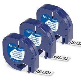 3 x Aken A91221 White Plastic Label Tape Compatible with Dymo Letratag 12 mm x 4 m, Black on White, 91221 Label Tape Compatible with Dymo Letratag LT-100H LT-100T 200B XR XM Labelling Device