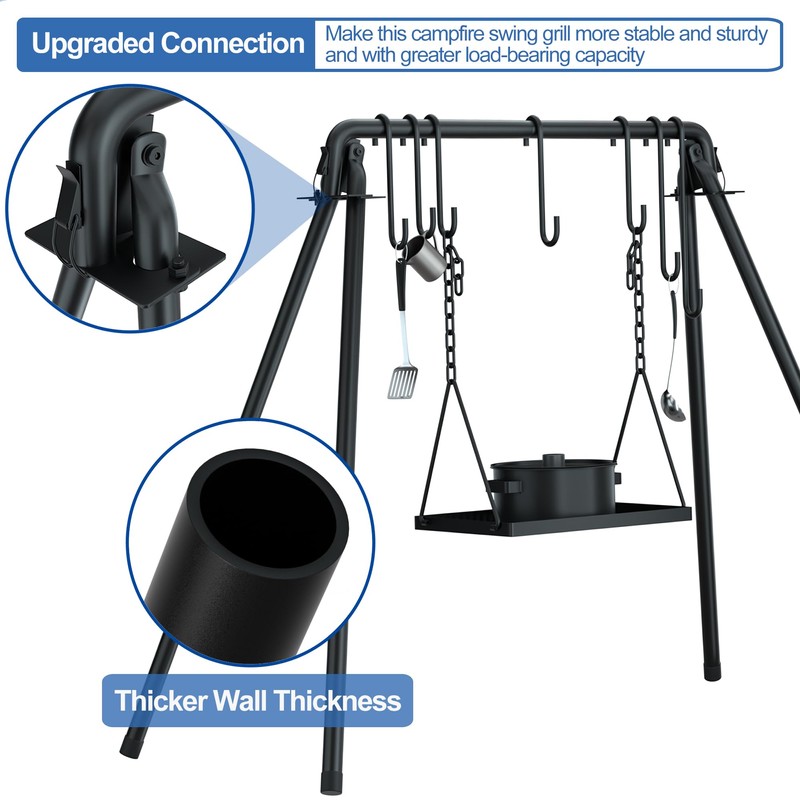 RELIANCER Grill Swing,Campfire Grill Cooking Stand w/8 Hooks & Storage