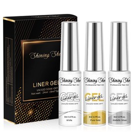 Shining She Liner Semi-Permanent Nail Polish, 3 Colors Gold Silver White Semi-Permanent Liner Gel Nail Polish, UV Soak-Off Suitable for Female Family Nail Art, Gift Set for Women, 8ML