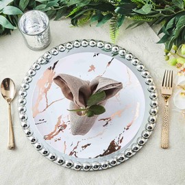 Set of 2 13" Round Silver Mirror Glass Charger Plates with Large Pearl Beaded Rim Perfect for Wedding Catering Decorations Centerpieces, Events Party, Tabletop Decor and Dinner Servers