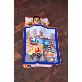EVERYDAY KIDS Toddler Nap Mat with Removable Pillow -Under Construction- Carry Handle with Fastening Straps Closure, Rollup Design, Soft Microfiber for Preschool, Daycare, Sleeping Bag -Ages 2-6 years