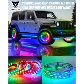 GOGOONE 4X 15.5'' 588-LEDs Chasers Flows Wheel Ring Rim Lights Kit, 2-in-1 Car Underglow Neon Accent Light Strip Fit for Offroad Truck SUV(Rotor Brake Caliper Dia.≤13", Wheel Hub Inner Lips Dia ≥19")
