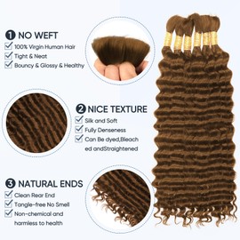Brown Human Braiding Hair for Boho Braids,150g 16 Inch 6 Bundles # 30 Deep Water Wave Bulk Boho Curly Human Hair Bundle for Braiding,12 A Auburn No Weft Wet and Wavy Knotless Braiding Hair Extensions