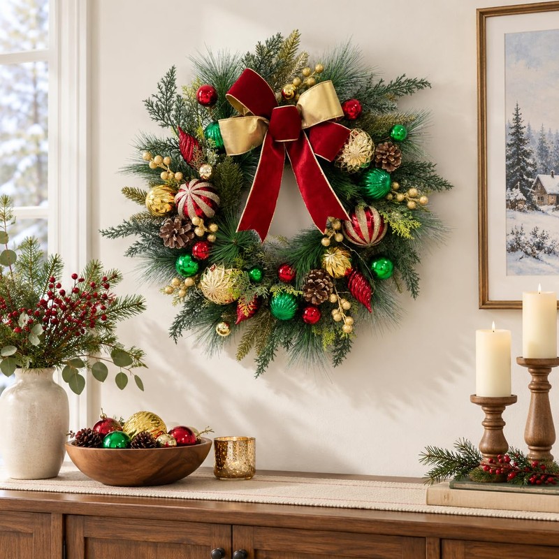 22 Inch Lighted Christmas Wreath with Timer, Red Bow and