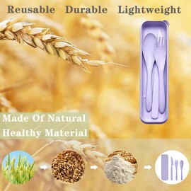Reusable Travel Utensils with Case, Wheat Straw Portable Plastic Fork Spoons Knife Tableware, Eco-Friendly BPA Free Camping Cutlery for Lunch Box Accessories Work Picnic or Daily Use (Purple)