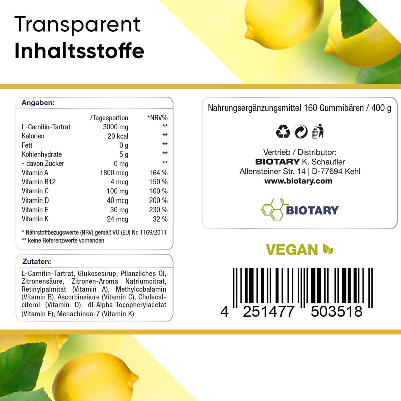 L-Carnitine Gummy Bears 160 Pieces 1500 mg per Daily Serving