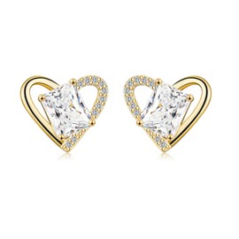 Silver Stud Earrings for Women Girls, Hypoallergenic 18K Gold Plated Heart Shape Studs with Square Cubic Zirconia Jewellery Gifts for Wedding Birthday