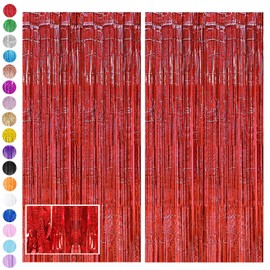 Red Tinsel Curtain Party Backdrop Glitter,2pcs 3.2ft x 6.5ft Foil Curtain Christmas Decorations,Red Laser Foil Fringe Streamers Metallic Tinsel Door Hanging Foil Flow Silk Streamers for Holiday Party