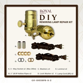 Royal Designs, Inc. DIY Rewiring Lamp Repair Kit (Polished Brass with Brown Cord, 8 Ft)