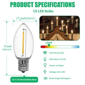 Meconard C9 Led Replacement Christmas Light Bulbs, C9 Shatterproof Plastic Led Bulbs for Christmas Outdoor String Lights, E17 Intermediate Base, Commercial Grade Holiday Bulbs, Warm White, 50 Pack