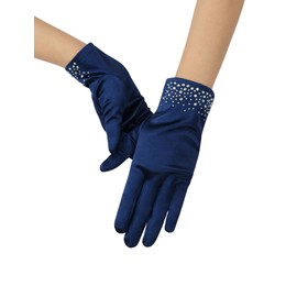 GRYUIRY Women Short Pearl Satin Tea Party Gloves Costumes Stretchy Sparkly Glitter Wrist Length Gloves Navy Blue