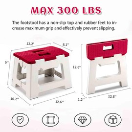 Folding Footstool Folding 1-Step Plastic Footstool Sturdy Plastic Folding Footstool for Outdoor, Camping Footstool with Handle Lightweight and Non-Slip, Easy to Carry (Red)