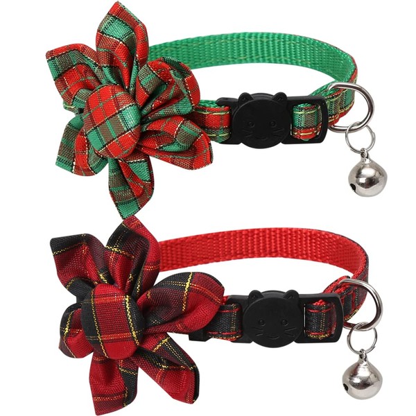 Christmas Cat Collar Breakaway with Cute Sunflower Accessories and Bell for Kitty Adjustable Safety Plaid