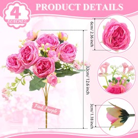 4 Bundles Artificial Peony Faux Flowers, Silk,Pink