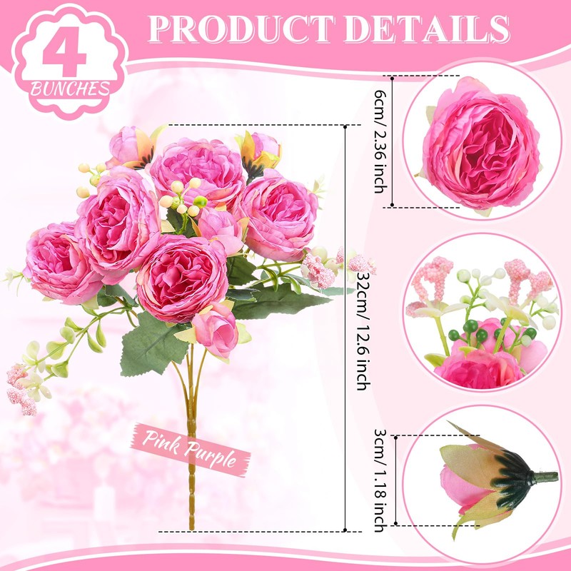 4 Bundles Artificial Peony Faux Flowers, Silk,Pink