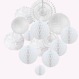EASY JOY Wedding Paper Fans Decorations, Valentine's Day Party Decorations, White Tissue Paper Honeycomb Balls Hanging Pom Poms, Valentine's Day Bridal Shower Engagement Party Decorations