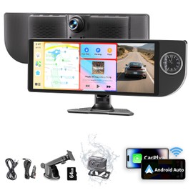 Wireless Carplay Screen for Car - 10.26 Inch Apple Car Play & Android Auto Car Stereo Portable Carplay Touchscreen with Built-in Clock, 4K Dash Cam, 1080P Backup Camera (Front&Rear Camera, Black)