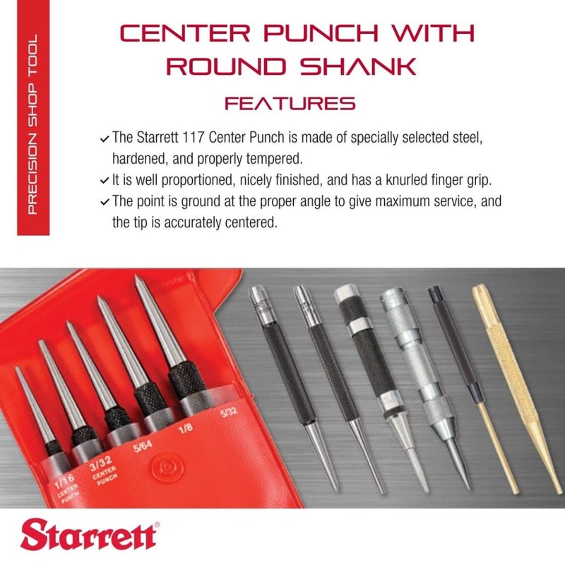 Starrett 117D Centre Punch With Round Shank, 4" Length, 5/32"