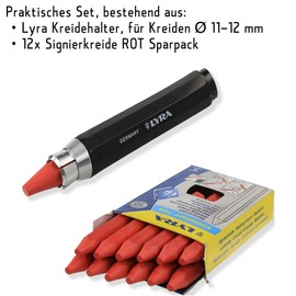 Lyra Professional Marking Chalk with Chalk Holder - Signing Chalk for Wood, Metal, Stone, Concrete, Tiles, Forestry Chalk, Pack of 12 (Red)