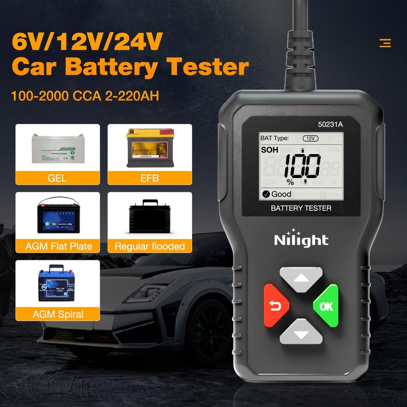 Nilight Car Battery Tester 6V 12V 24V Accurate Digital Auto